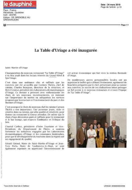 Dauphiné Libéré - L'inauguration de La Table d'Uriage - Jeudi 21 Mars 2019